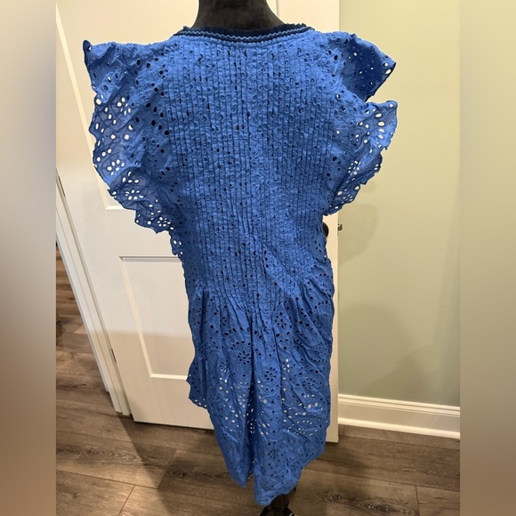 Poupette St Barth Blue Eyelet coverup with Tassels and pleating flutter sleeves - Picture 4 of 11